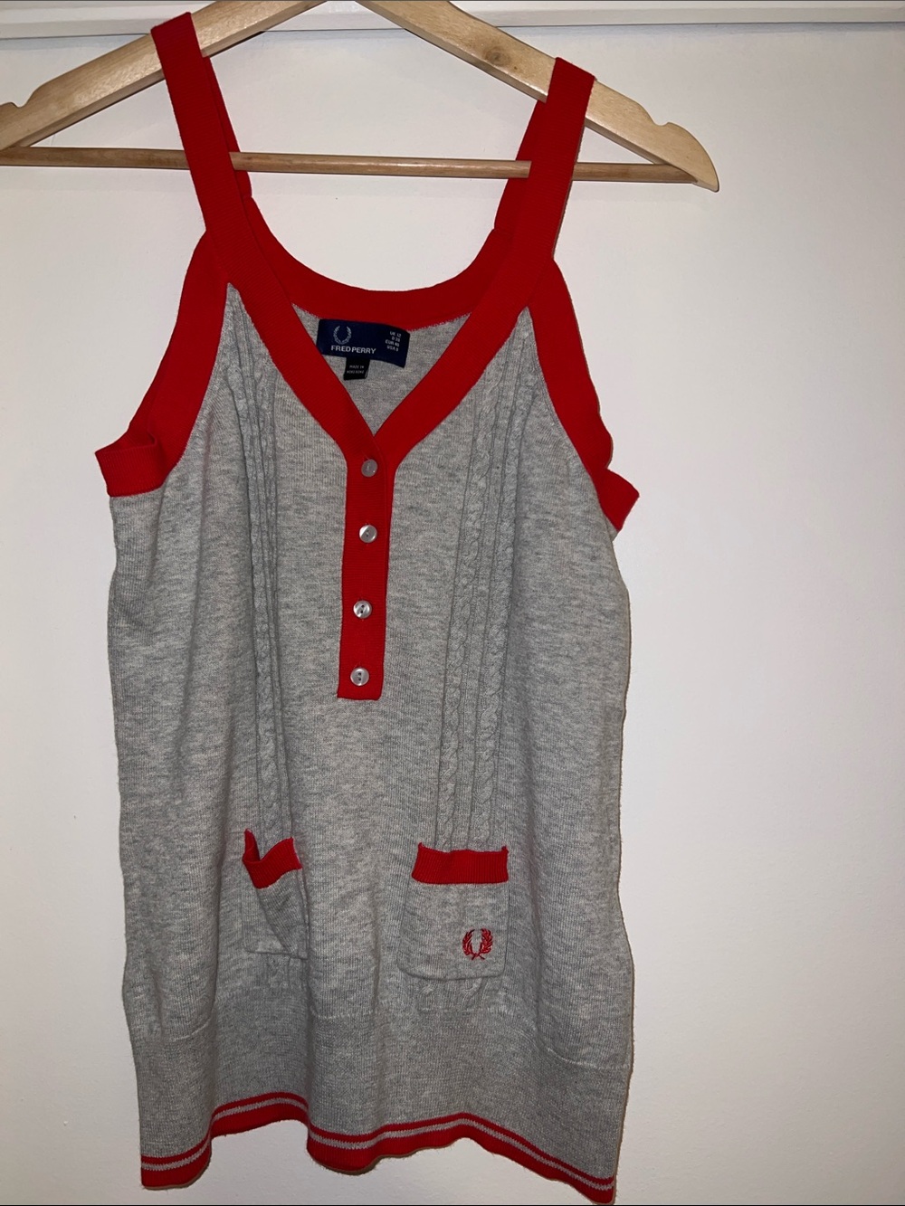 Fred Perry Grey Knit Tank Dress with Red Trim Accents